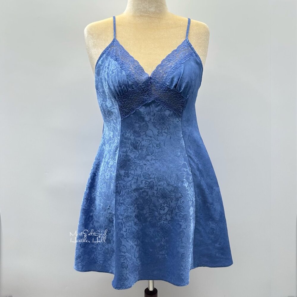 Adonna Blue Jacquard Floral Chemise Nightgown Size Large